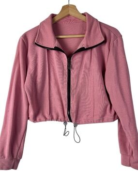Boutique Pink Ribbed Knit Cropped Full Zip Sweatshirt L